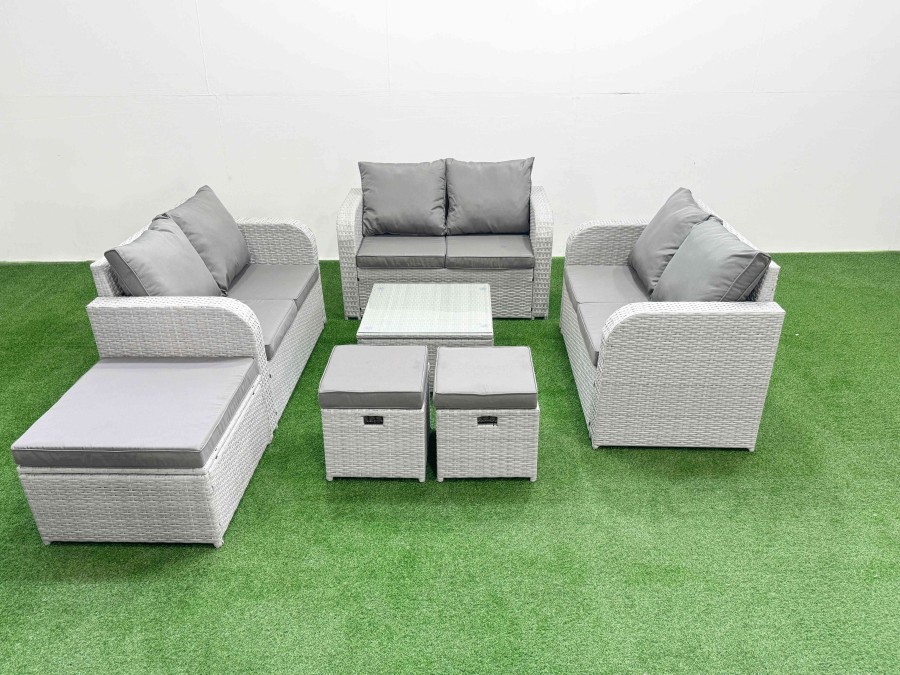 Click to view product details and reviews for Fimous 9 Seater Pe Wicker Rattan Furniture Sofa Sets With Square Coffee Table 2 Seater Love Sofa 3 Stool Light Grey.