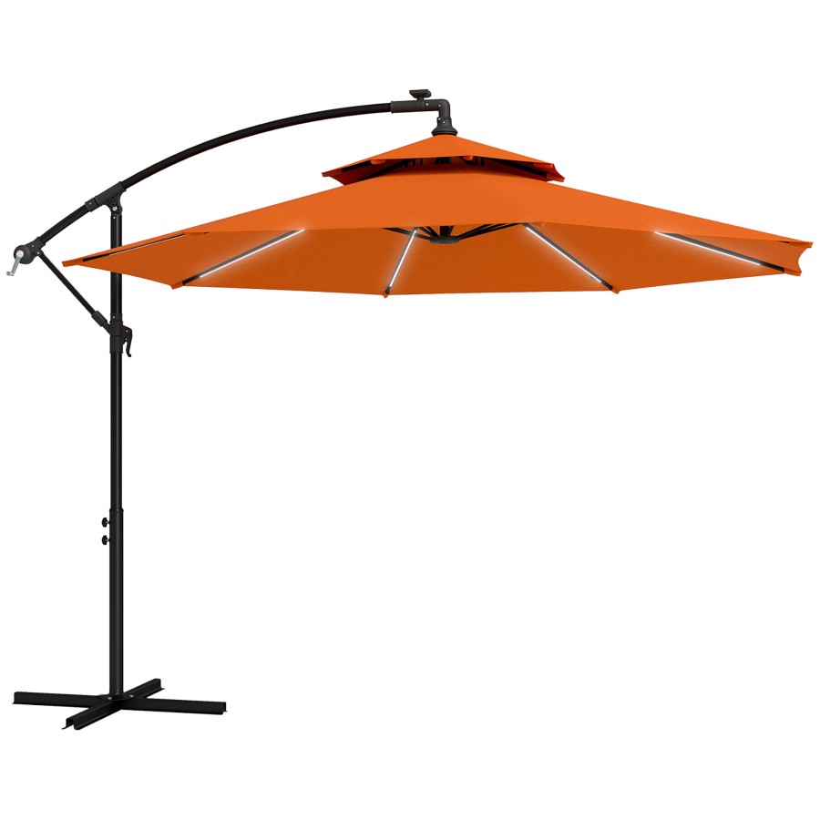 Click to view product details and reviews for Outsunny 3m Cantilever Banana Parasol Hanging Umbrella With Double Roof Led Solar Lights Crank 8 Ribs And Cross Base For Outdoor Garden Patio.