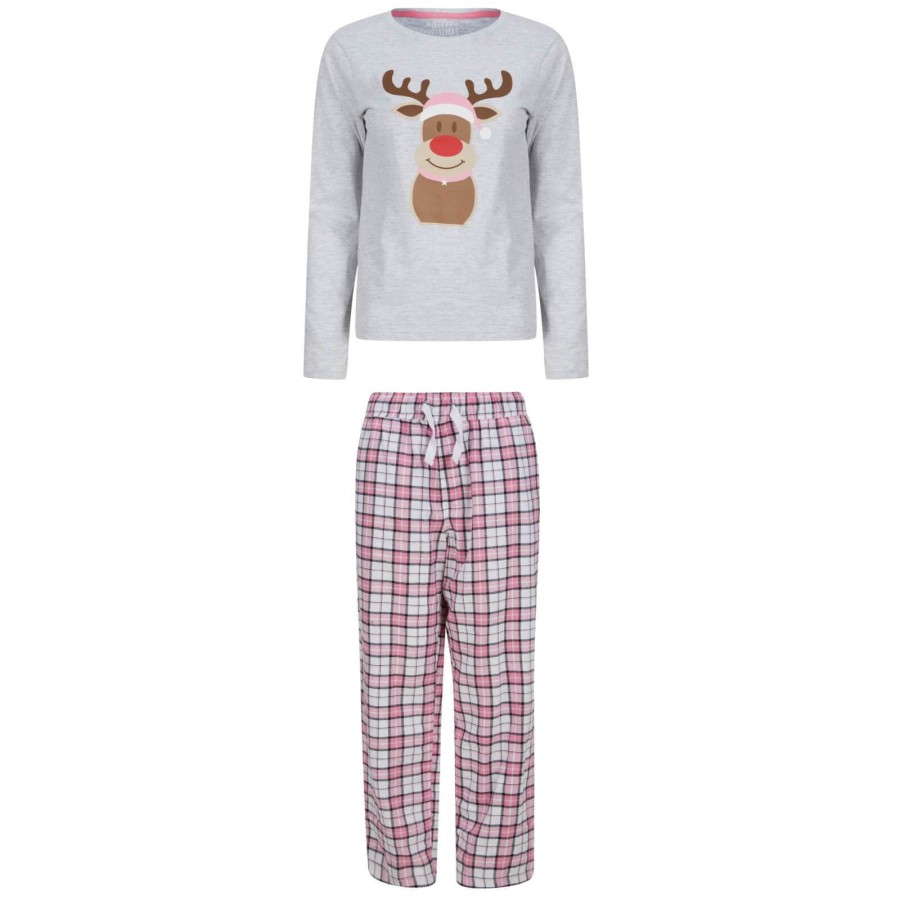 Click to view product details and reviews for Womens Christmas Pyjama Set Rudolph Print Check Bottoms Grey Pink L.
