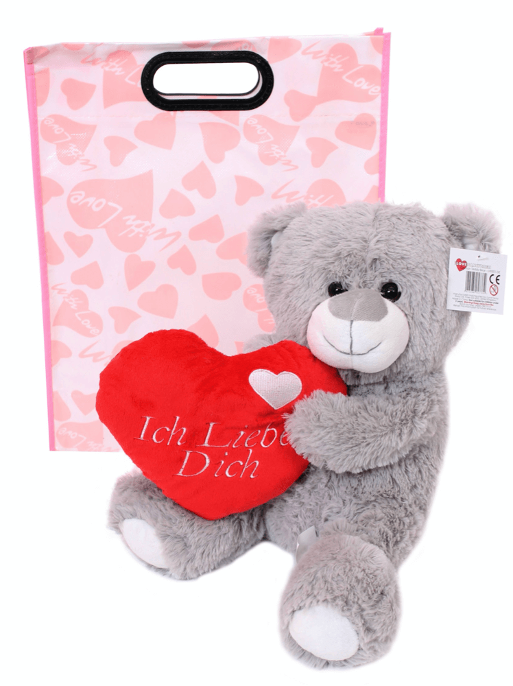 12" German Grey Teddy Bear with I Love You Heart - Free Gift Ba