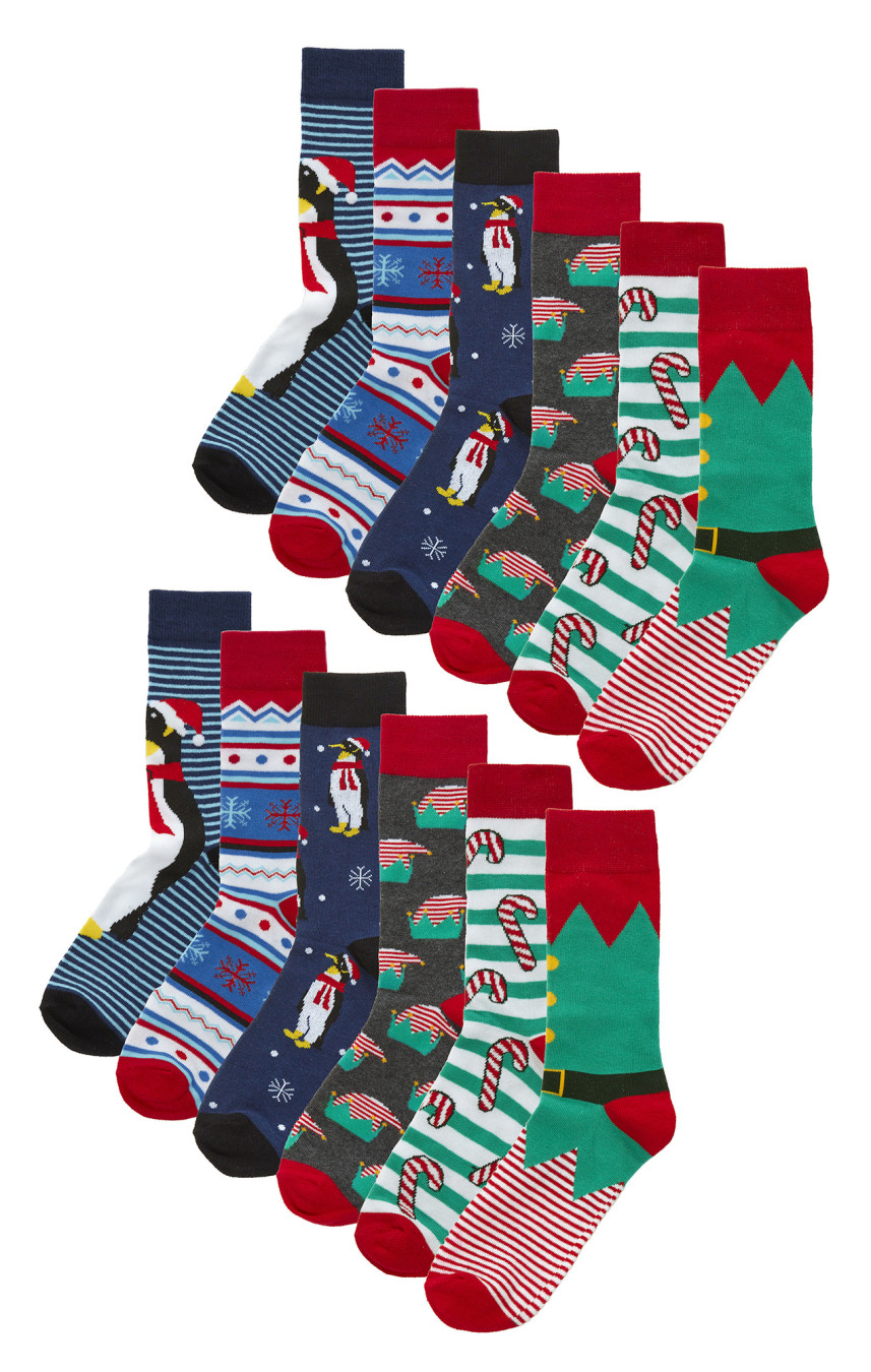 12 Pair Multipack Mens Christmas Design Socks | Breathable Cotton Colourful Novelty Pattern Xmas Socks