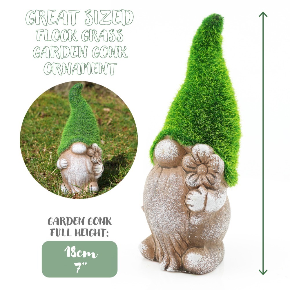 Pack of 2 Flower & Spade - 18cm Flock Grass Garden Gonk Gnome Ceramic Outdoor Ornament Statue Decoration