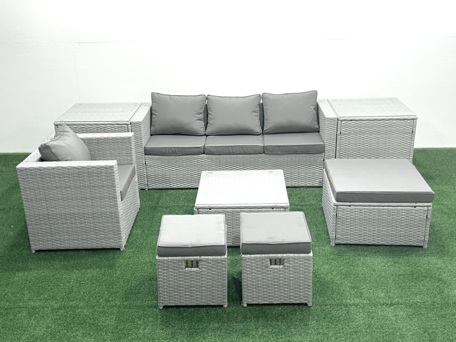 Click to view product details and reviews for Fimous Garden Outdoor Furniture Set 7 Seater Rattan Sofa Set With 3 Footstools Armchair 2 Side Tables Light Grey Mixed.