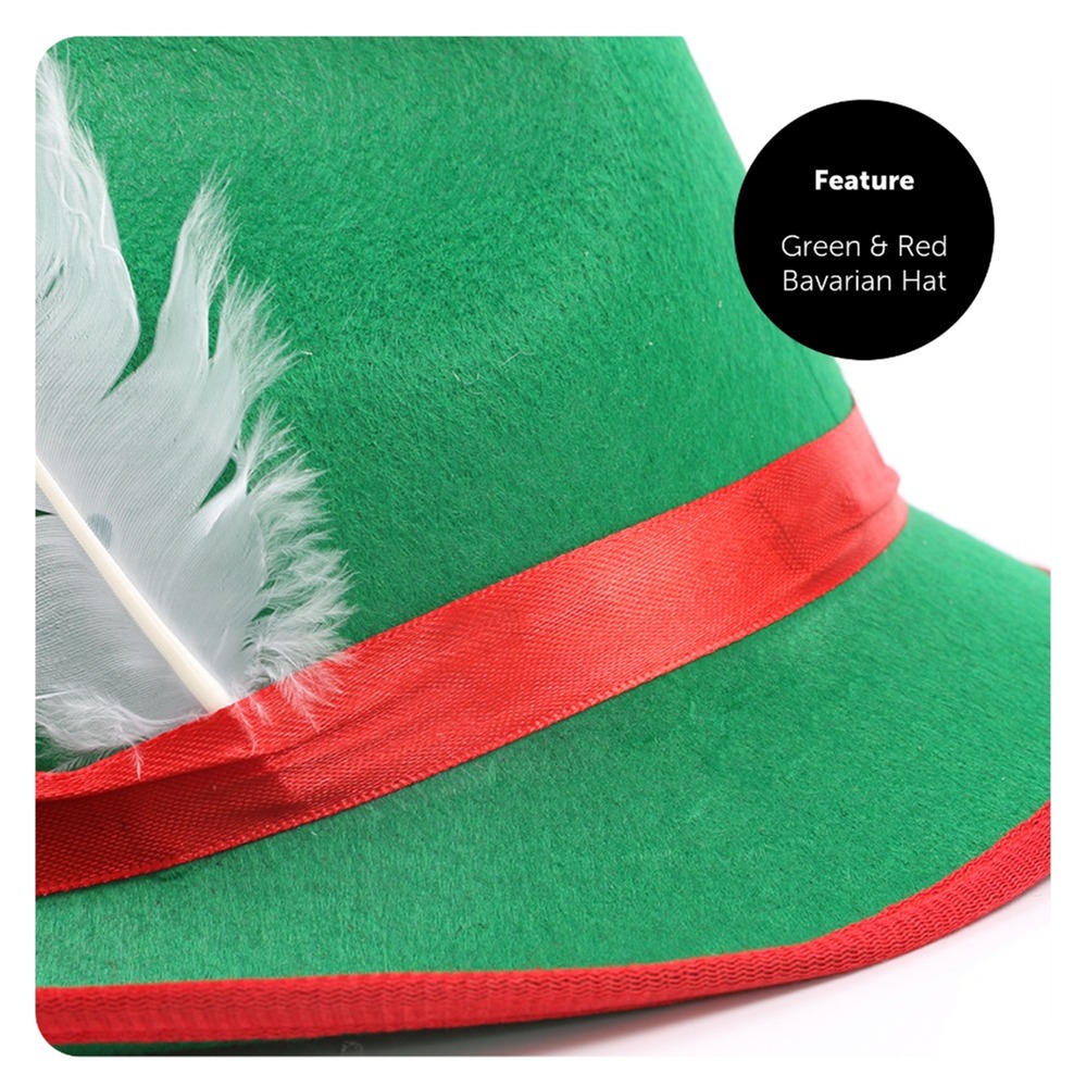 Ladies Red & Brown Bavarian Dress with Stockings, Plaits & Green Hat