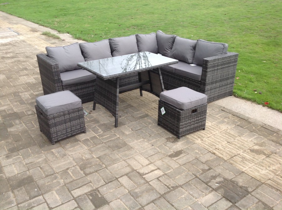Click to view product details and reviews for Fimous Dark Mixed Grey 8 Seater Rattan Garden Outdoor Corner Sofa Set Rectangular Dining Table Small Footstools.