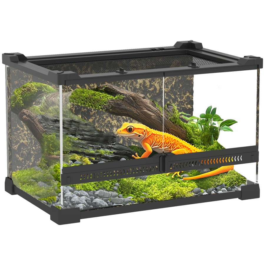 PawHut 10L Glass Terrarium, Reptile Vivarium with Stone Background, Black