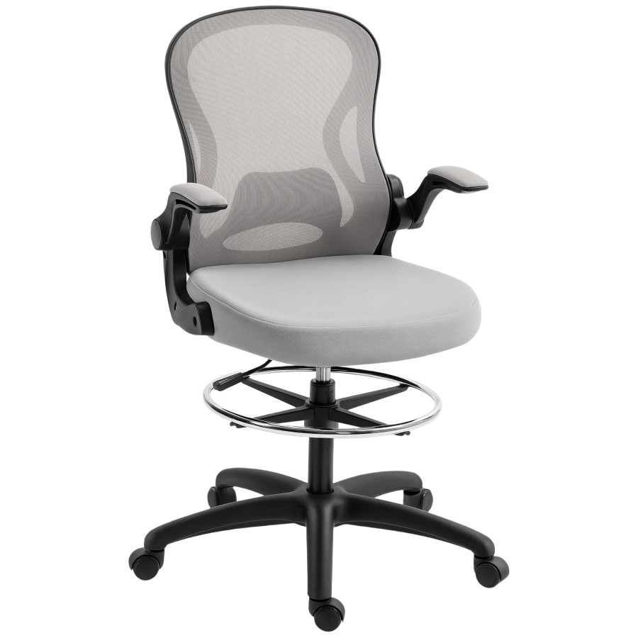 Click to view product details and reviews for Vinsetto Draughtsman Chair With Flip Up Armrests Mesh Standing Desk Chair With Lumbar Support And Adjustable Foot Ring For Bar Counter Grey.