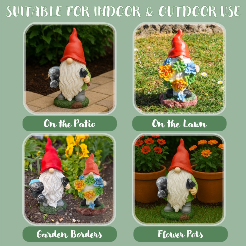 2 Pack Garden Gonk Ornaments (33cm & 22cm) – Resin Gnome Decorations with Solar Light for Outdoor or Indoor Use