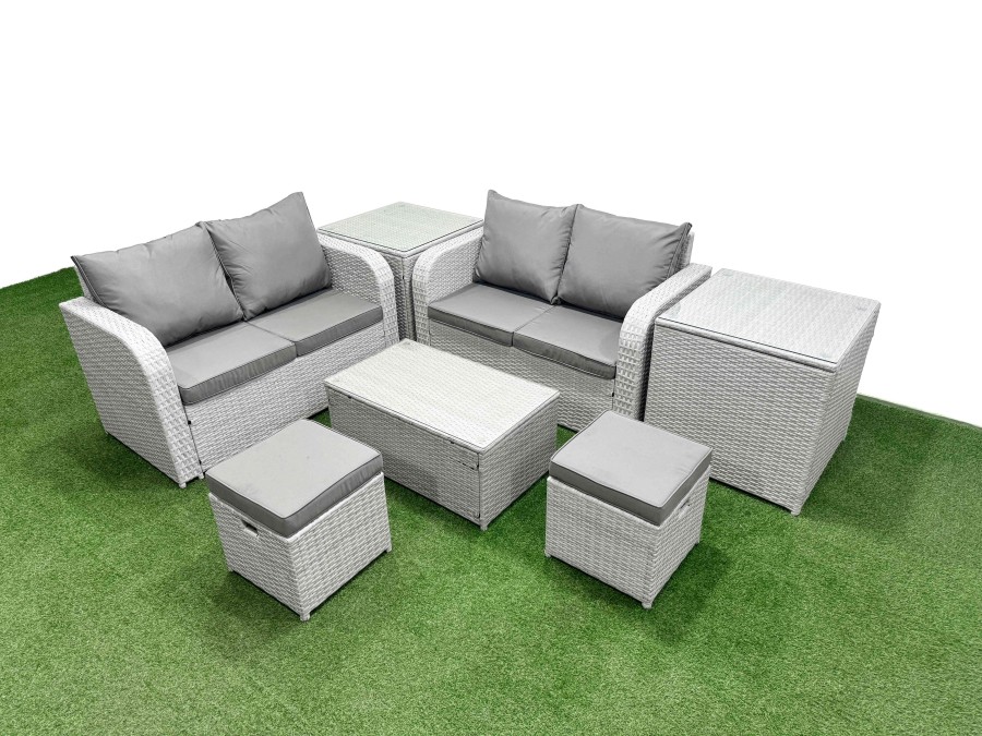 Click to view product details and reviews for Fimous 6 Seater Outdoor Love Sofa Set Rattan Garden Furniture Set With Rectangular Coffee Table 2 Small Stools 2 Side Tables Light Grey.