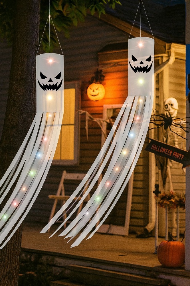 2 Pack Halloween Ghost Windsocks | Hanging Outdoor Flags with 2M LED Lights | Garden & Tree Decorations