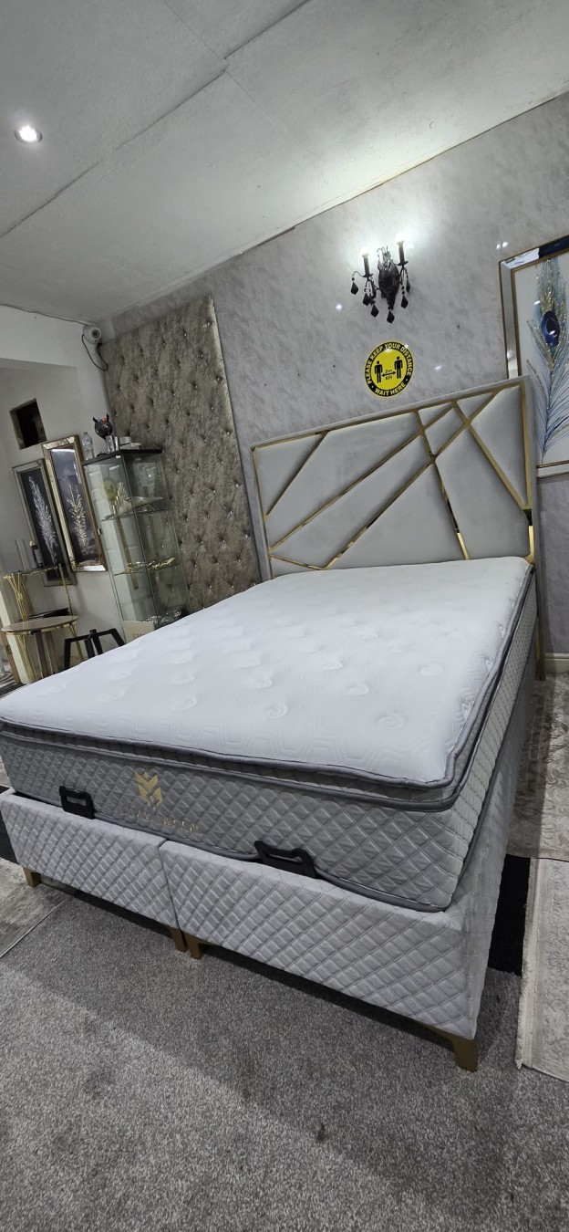 Click to view product details and reviews for Helix Bedframe King Size Silver Velvet Gold Detailing Headboard Base. Click to view product details and reviews for Helix Bedframe King Size Silver Velvet Gold Detailing Headboard Base.