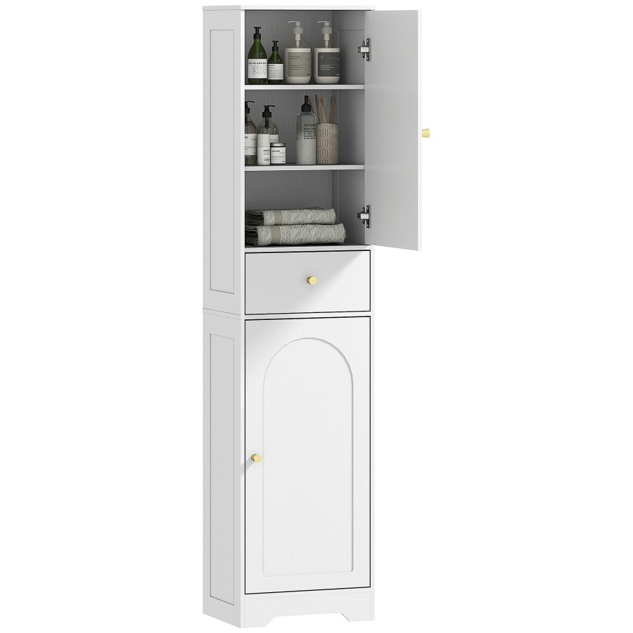 Click to view product details and reviews for Homcom Tall Bathroom Cabinet Slim Bathroom Storage Cabinet With 2 Arched Doors Drawer And Adjustable Shelf Modern Narrow Storage Cupboard 40 X 29.