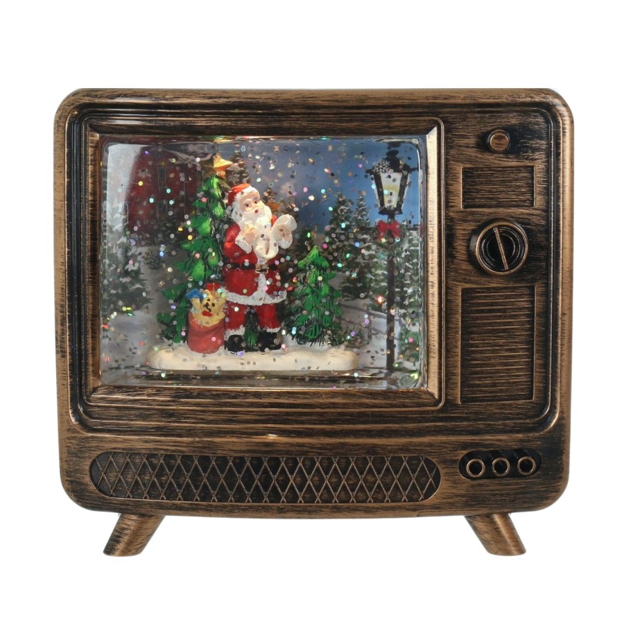 Christmas Glitter LED Water Spinner Gold Antique TV Santa Snow Scene