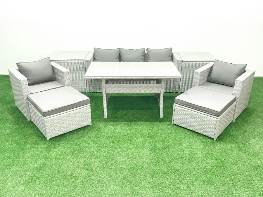 Click to view product details and reviews for Fimous Garden Dining Set Outdoor Rattan Furniture Set With Sofa Dining Table 2 Chairs 2 Big Footstools 2 Side Tables Light Grey Mixed.