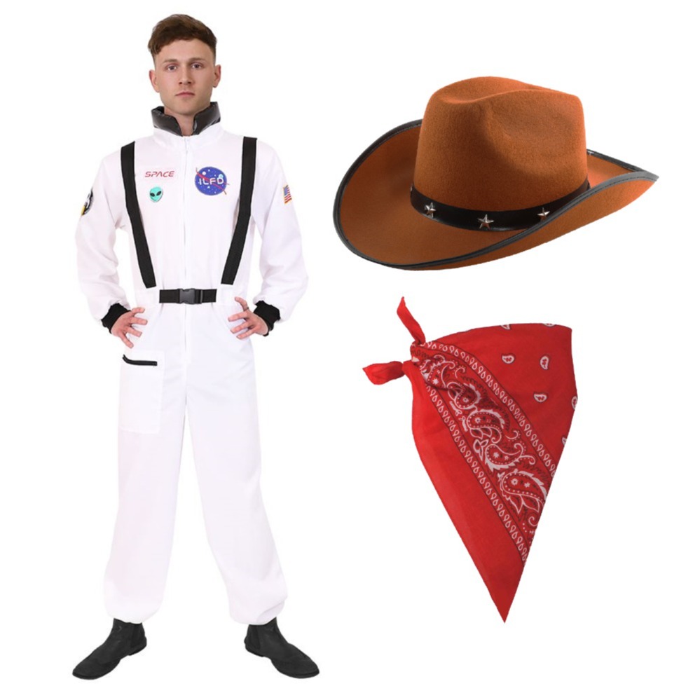 Men's Space Cowboy Costume | 3 Pcs | Space Suit, Brown Star Studded Hat & Red Bandana