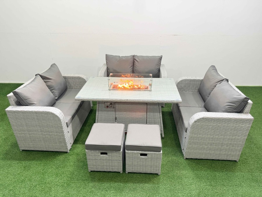 Click to view product details and reviews for Fimous 8 Seater Pe Wicker Rattan Furniture Sofa Sets With Firepit Dining Table 2 Seater Love Sofa 2 Stool Light Grey.