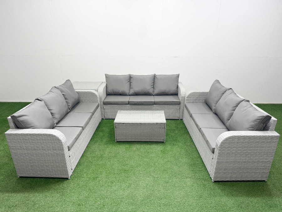 Click to view product details and reviews for Fimous Pe Rattan Lounge Sofa Set 9 Seater Outdoor Garden Furniture Set With Rectangular Coffee Table 3 Seater Sofa Side Table Light Grey. Click to view product details and reviews for Fimous Pe Rattan Lounge Sofa Set 9 Seater Outdoor Garden Furniture Set With Rectangular Coffee Table 3 Seater Sofa Side Table Light Grey.