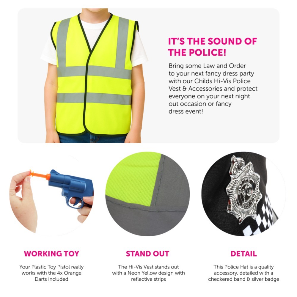 Childs Police Officer Costume Set - Hi Vis Vest, Hat & 10 Piece Set