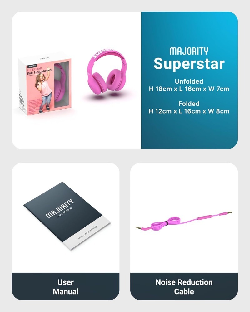 Majority Superstar Pink Kids Headphones | Volume Limited | Foldable | Share-Port | 3.5mm Cable