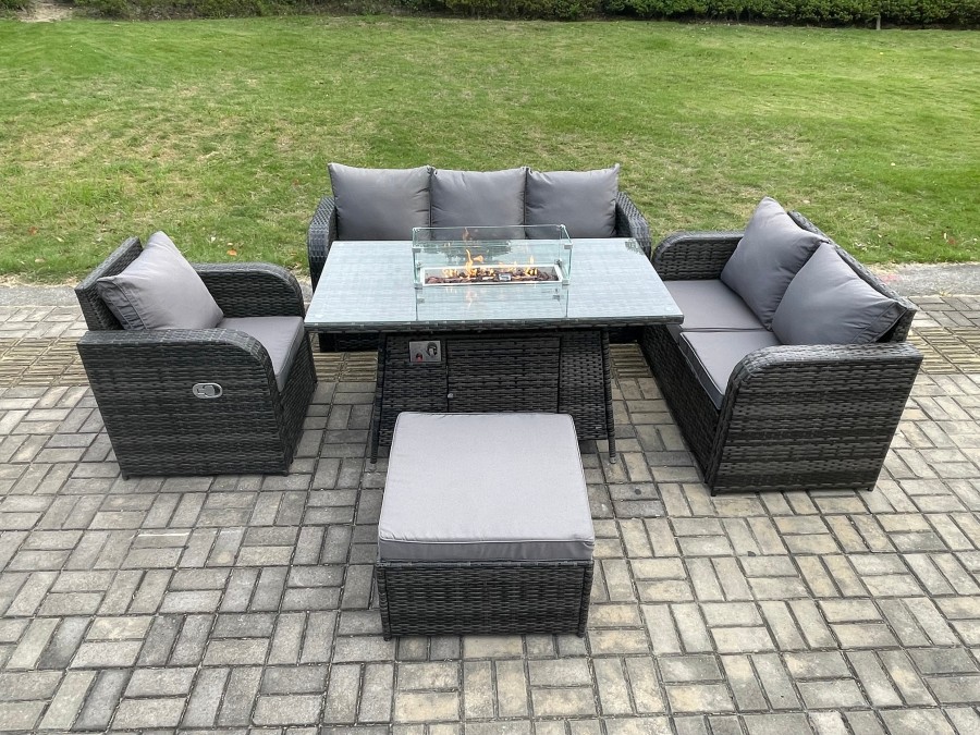 Fimous Rattan Garden Furniture Set with Fire Pit Table 7 Seater Outdoor Lounge Sofa Set Dark Grey Mixed