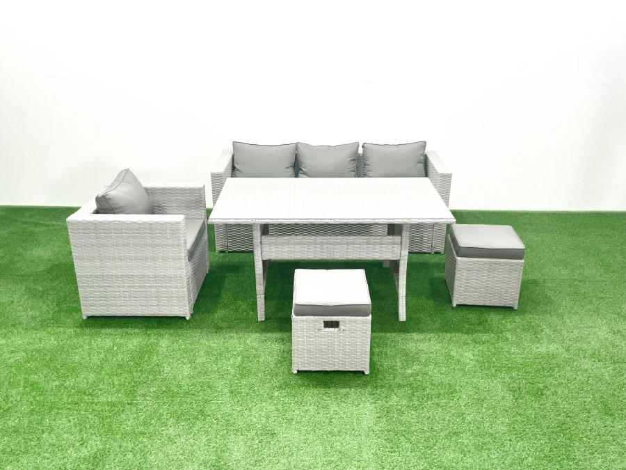 Click to view product details and reviews for Fimous Garden Dining Set Outdoor Rattan Furniture Set With Sofa Dining Table Small Footstools Light Grey Mixed.