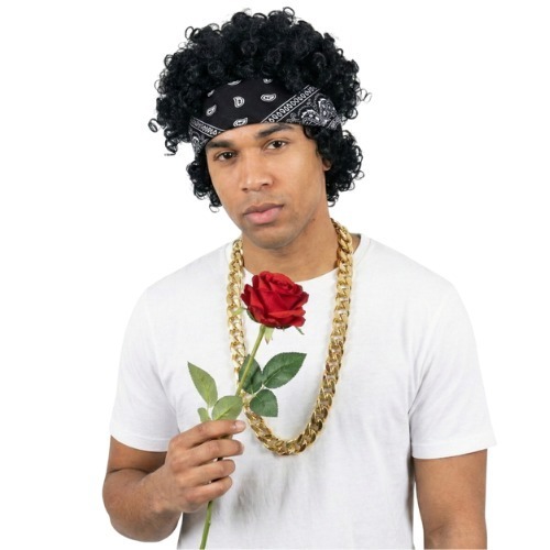 Click to view product details and reviews for Adults 24 Karat Pop Star Costume 5 Pcs T Shirt Black Wig Banana Chain Rose Large.