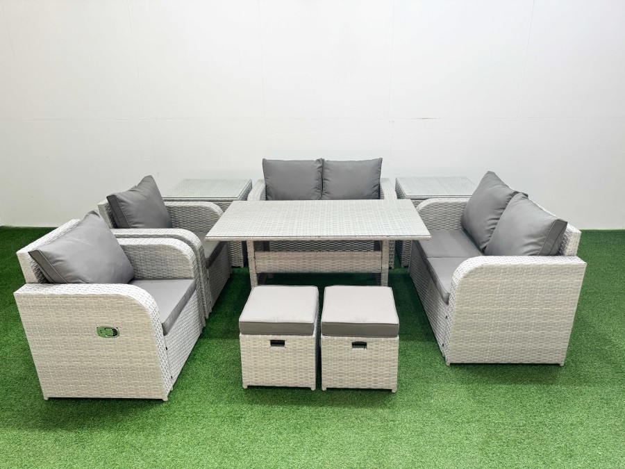 Click to view product details and reviews for Fimous 8 Seater Outdoor Reclining Chair Love Sofa Set Rattan Garden Furniture Set With Rectangular Dining Table 2 Stools 2 Side Table Light Grey.