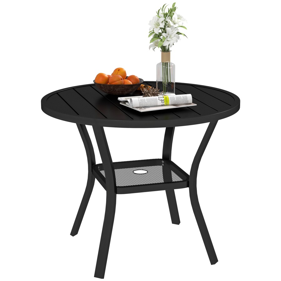 Click to view product details and reviews for Outsunny 90 Cm Garden Dining Table With 4 5 Cm Parasol Hole Round Outdoor Dining Table Steel Garden Table With Slatted Metal Top And Wire Shelf For.