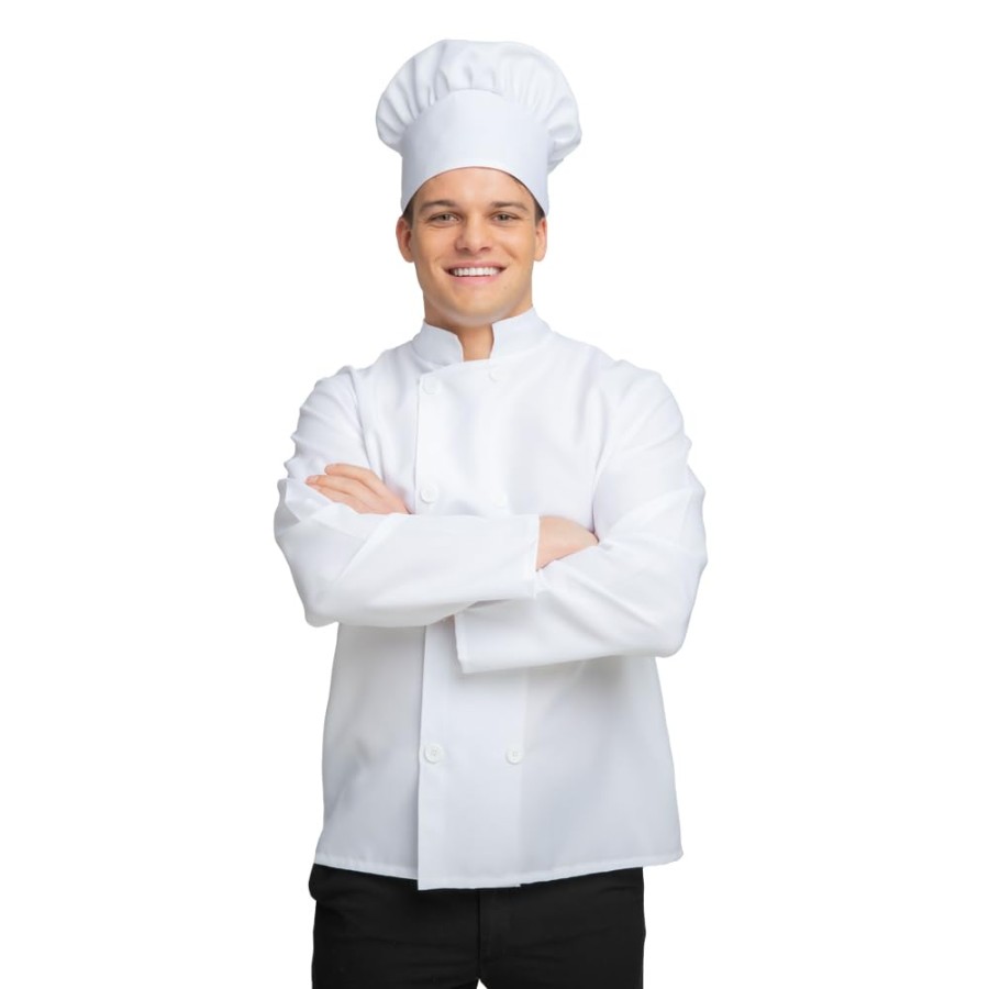 Mens Chef Whites Costume Jacket Hat Cook Masterchef Fancy Dress