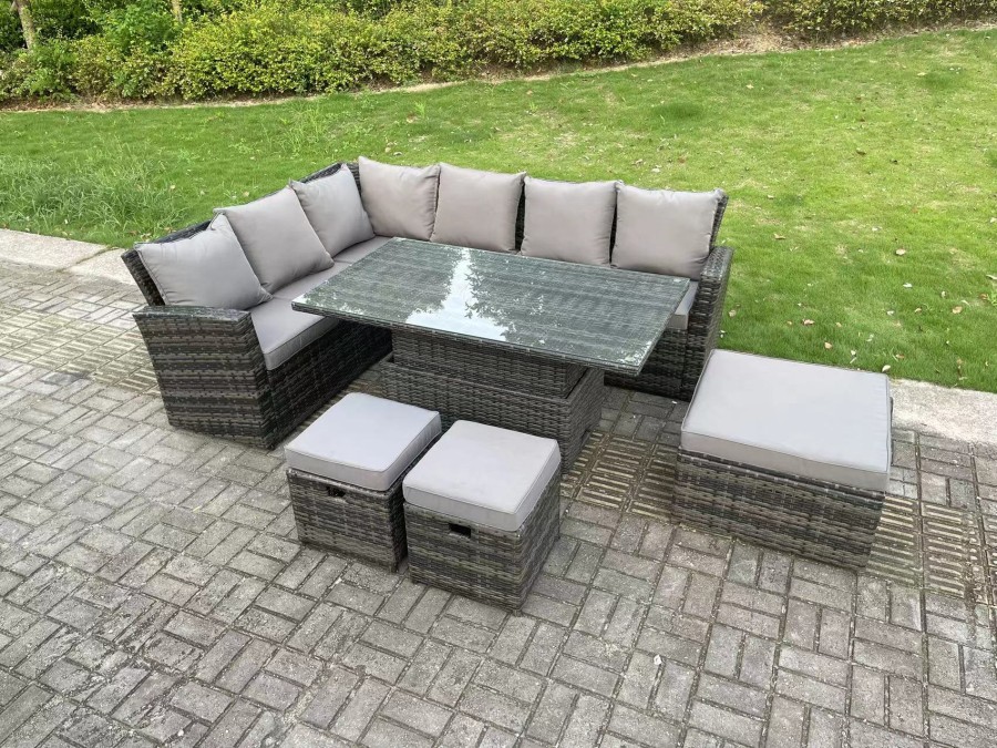 Click to view product details and reviews for Fimous 9 Seater High Backoutdoor Rattan Adjustable Rising Lifting Dining Table Corner Sofa Set Garden Furniture Footstools Dark Grey Mixed Left Hand.