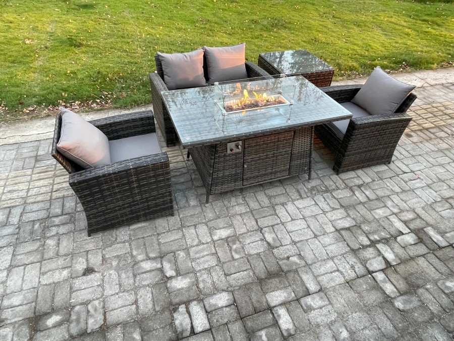 Click to view product details and reviews for Fimous 4 Seateroutdoor Rattan Sofa Set Garden Furniture Gas Firepit Dining Table Heater With Side Table Dark Grey Mixed.