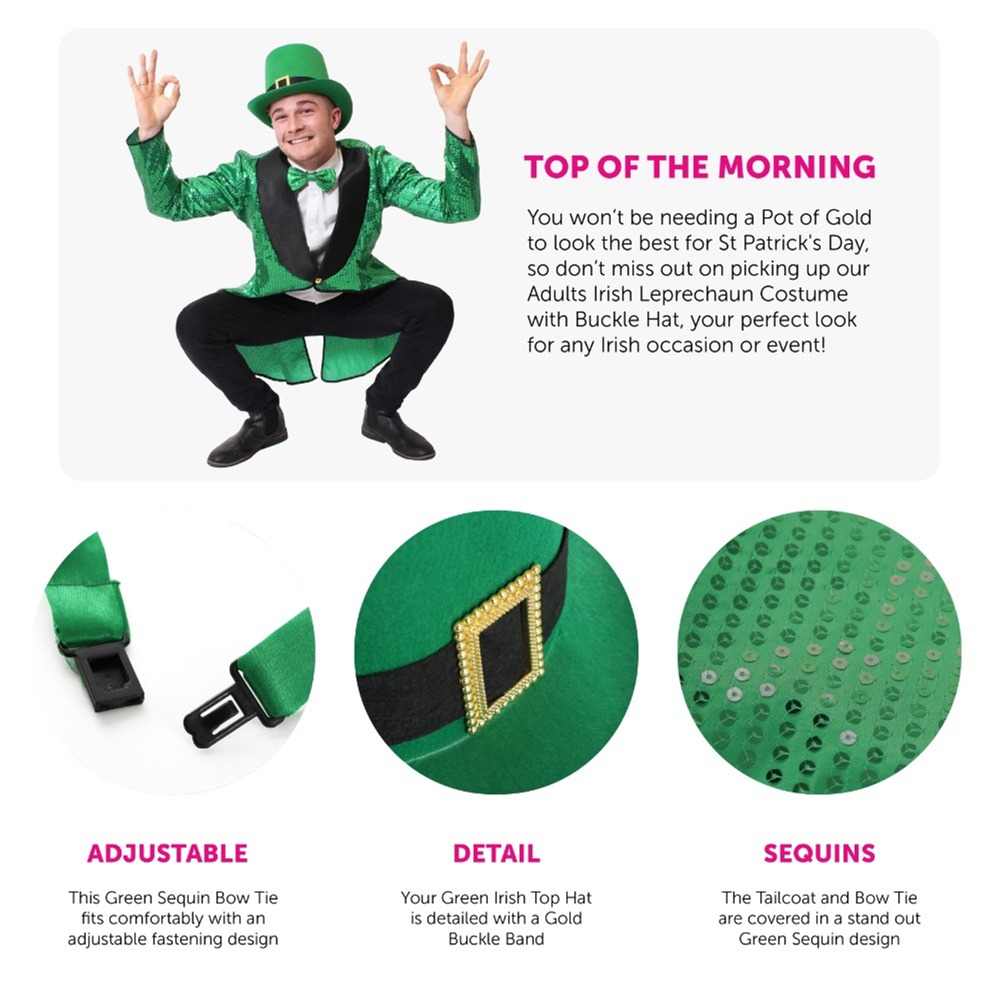 Adults Irish Leprechaun Sequin Costume with Buckle Hat