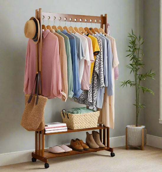 Click to view product details and reviews for Rustic Bamboo Clothes Rail Rack With Rolling Wheels Two Tier Shoe Shelves Adjustable Top Shelf. Click to view product details and reviews for Rustic Bamboo Clothes Rail Rack With Rolling Wheels Two Tier Shoe Shelves Adjustable Top Shelf.