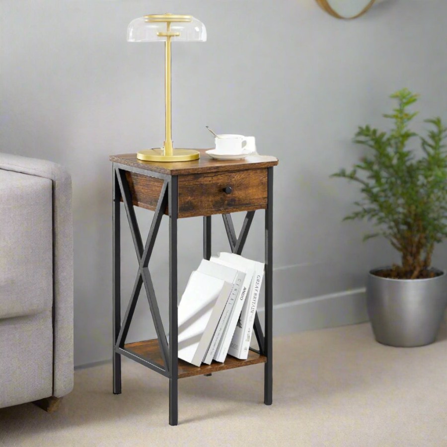 Click to view product details and reviews for Tall Nightstand With Drawer Shelf â Rustic Brown Black Industrial Bedside Table.