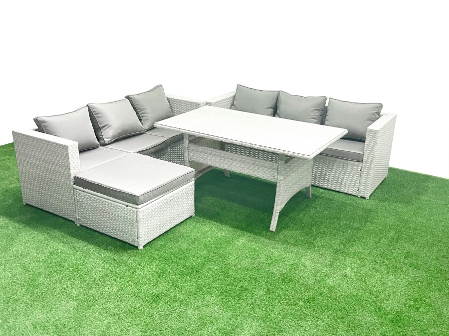 Click to view product details and reviews for Fimous Rattan Garden Furniture Set 7 Seater Outdoor Sofa Set With Dining Table Big Footstool Light Grey Mixed.