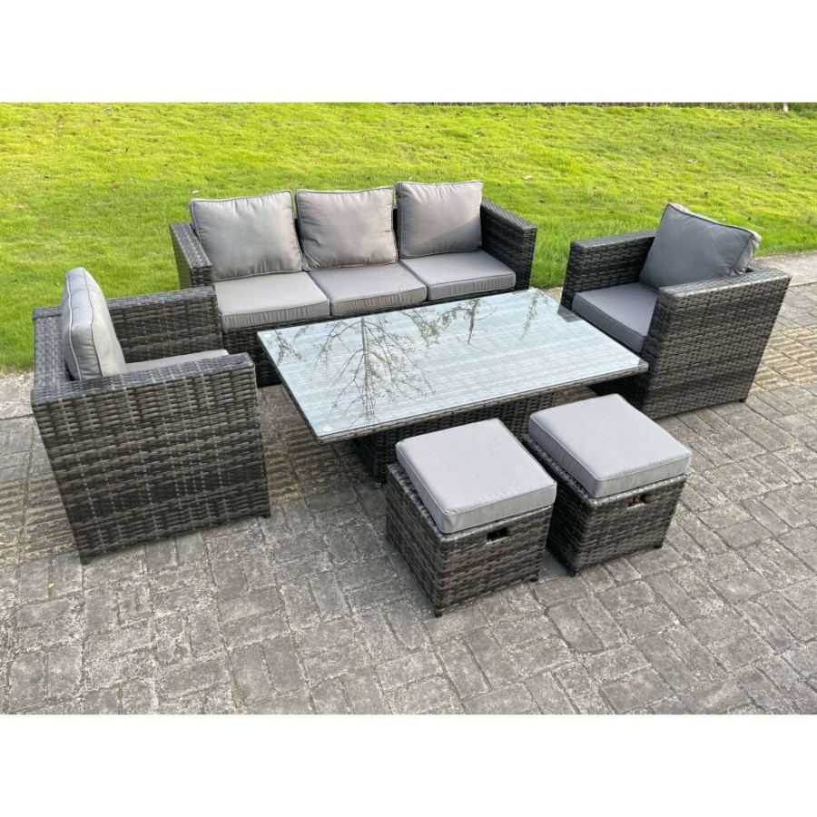 Click to view product details and reviews for Rattan Garden Furniture Set Rising Table With Foostools Dark Grey Mixed.