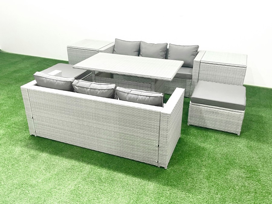 Click to view product details and reviews for Fimous Rattan Garden Furniture Set 8 Seater Outdoor Sofa Set With Dining Table 2 Side Tables 2 Big Footstools Light Grey Mixed.