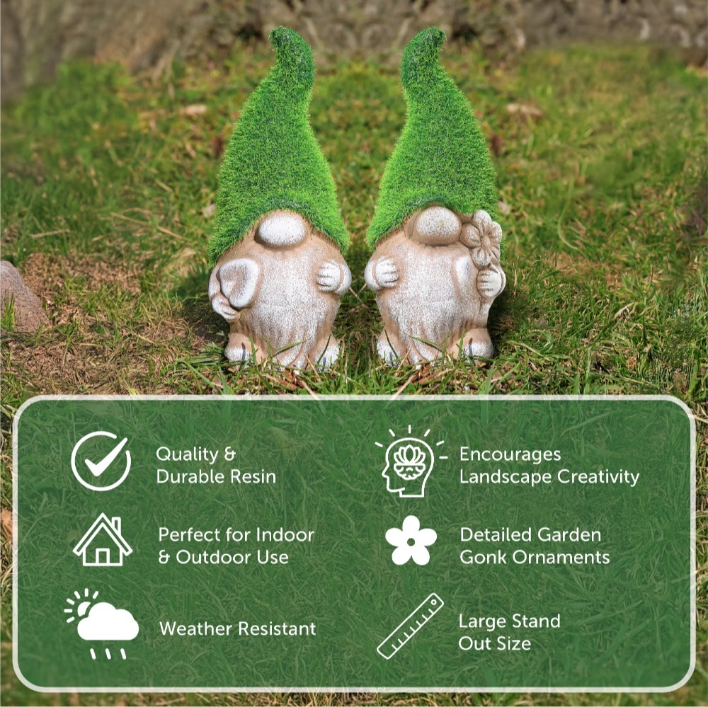 Pack of 2 Flower & Spade - 18cm Flock Grass Garden Gonk Gnome Ceramic Outdoor Ornament Statue Decoration