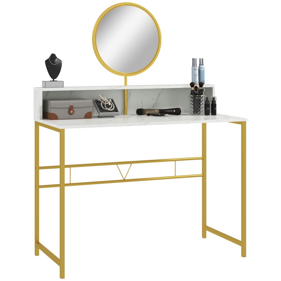 Homcom Modern Dressing Table With Round Mirror Vanity Makeup Desk With Open Storage Faux Marble Texture And Steel Frame For Bedroom White
