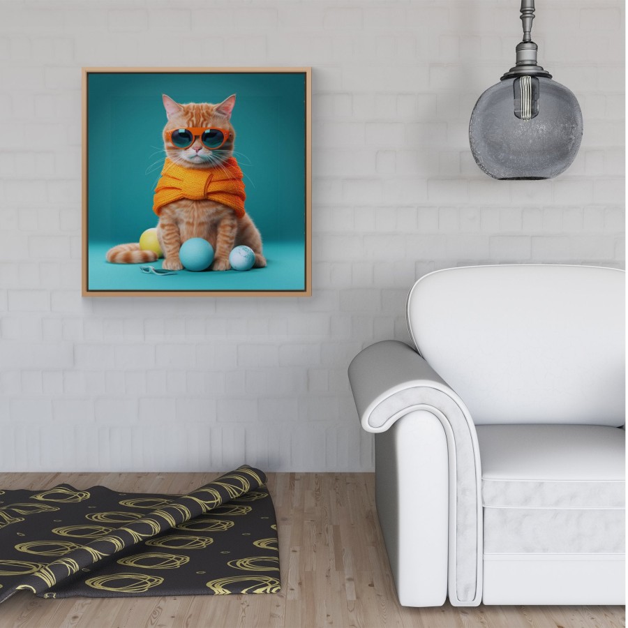 Click to view product details and reviews for Cat In Glasses With Balls Of Wool Framed Canvas 30 X 30 Pine.