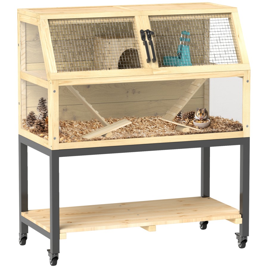 PawHut Wooden Hamster Cage with Storage Shelf, Wheels, 87 x 43 x 101cm