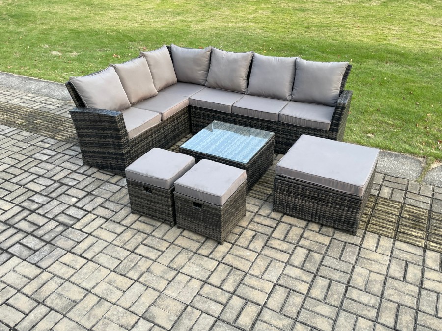 Click to view product details and reviews for Fimous Rattan Garden Furniture Set Outdoor Lounge Corner Sofa Sets With Square Coffee Table 3 Footstools 9 Seater Dark Grey Mixed.