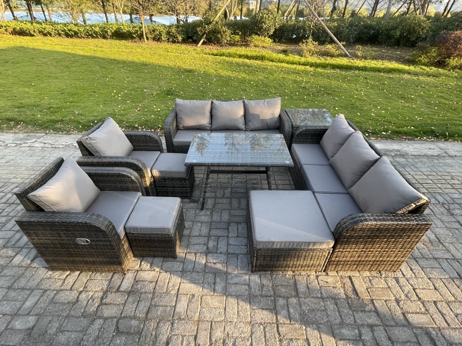 Click to view product details and reviews for Fimous 11 Seater Rattan Outdoor Garden Furniture Sofa Set Patio Table Chairs Set With 3 Seater Sofa Rectangular Dining Table 3 Footstool Side Table.