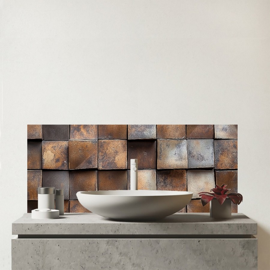 Click to view product details and reviews for Brown Square Brick Design Glass Bathroom Splashback.