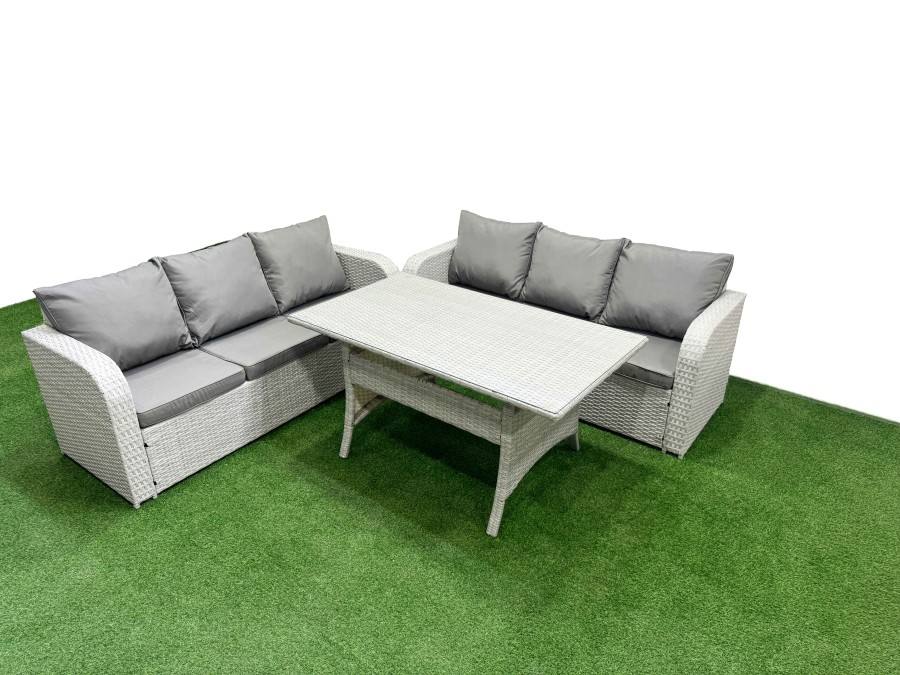 Click to view product details and reviews for Fimous Outdoor Garden Furniture Sets 6 Seater Wicker Rattan Furniture Sofa Sets With Rectangular Dining Table High Back Lounge Sofa Light Grey.