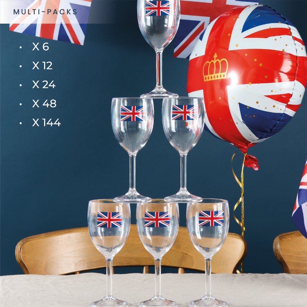 Pack of 12 Union Jack Plastic Wine Glasses - 300ml/10oz Durable, Reusable Cups for Parties, Festivals, BBQs & British Celebrations!