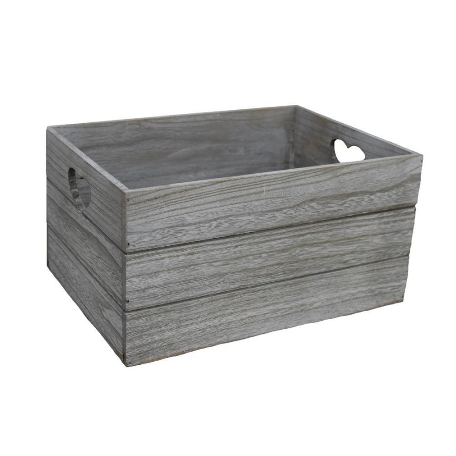 Red Hamper Vintage Effect Heart Cut Handle Wooden Storage Crate - Large