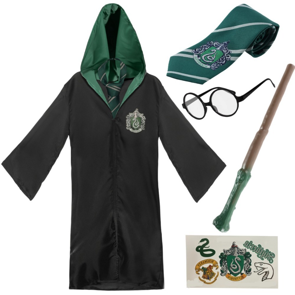 Click to view product details and reviews for Kids Harry Potter Costume 5 Pcs Slytherin Cloak Tie Tattoos Wand Glasses. Click to view product details and reviews for Kids Harry Potter Costume 5 Pcs Slytherin Cloak Tie Tattoos Wand Glasses.