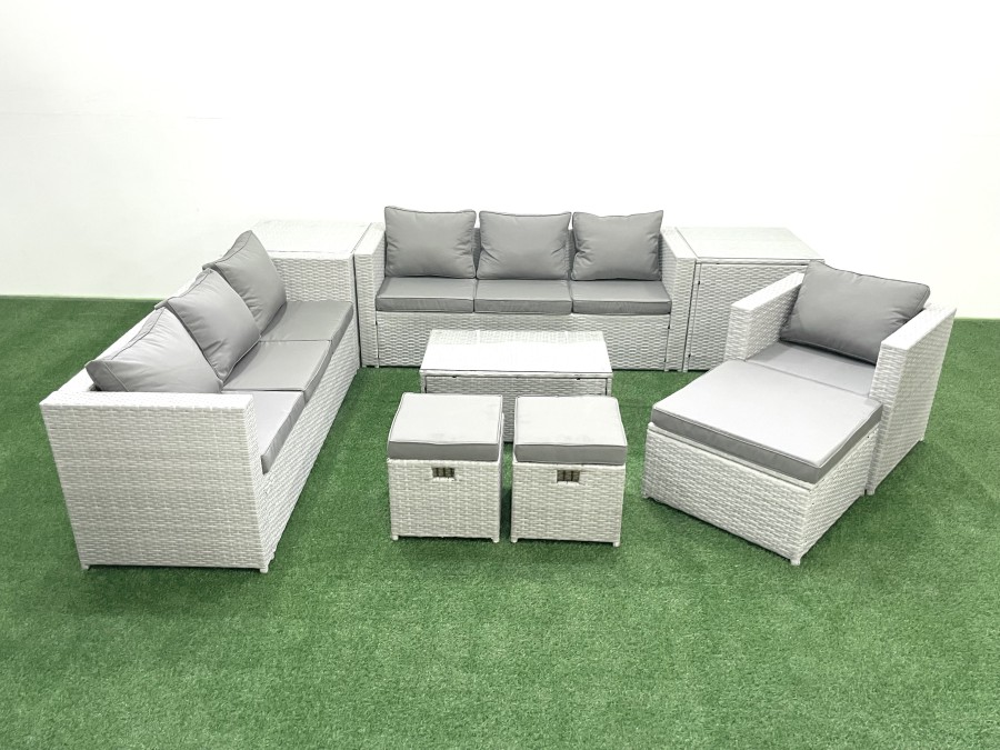 Click to view product details and reviews for Fimous Wicker Pe Rattan Sofa Garden Furniture Set With Armchair Oblong Coffee Table 3 Footstools 2 Side Tables Light Grey Mixed.