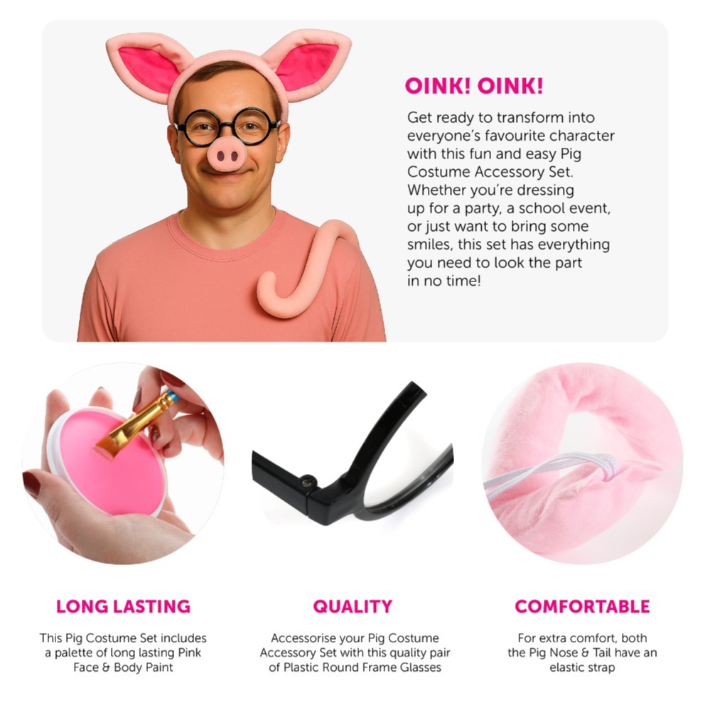 Daddy Pig Costume - Pig Set, Glasses & Pink Face Paint